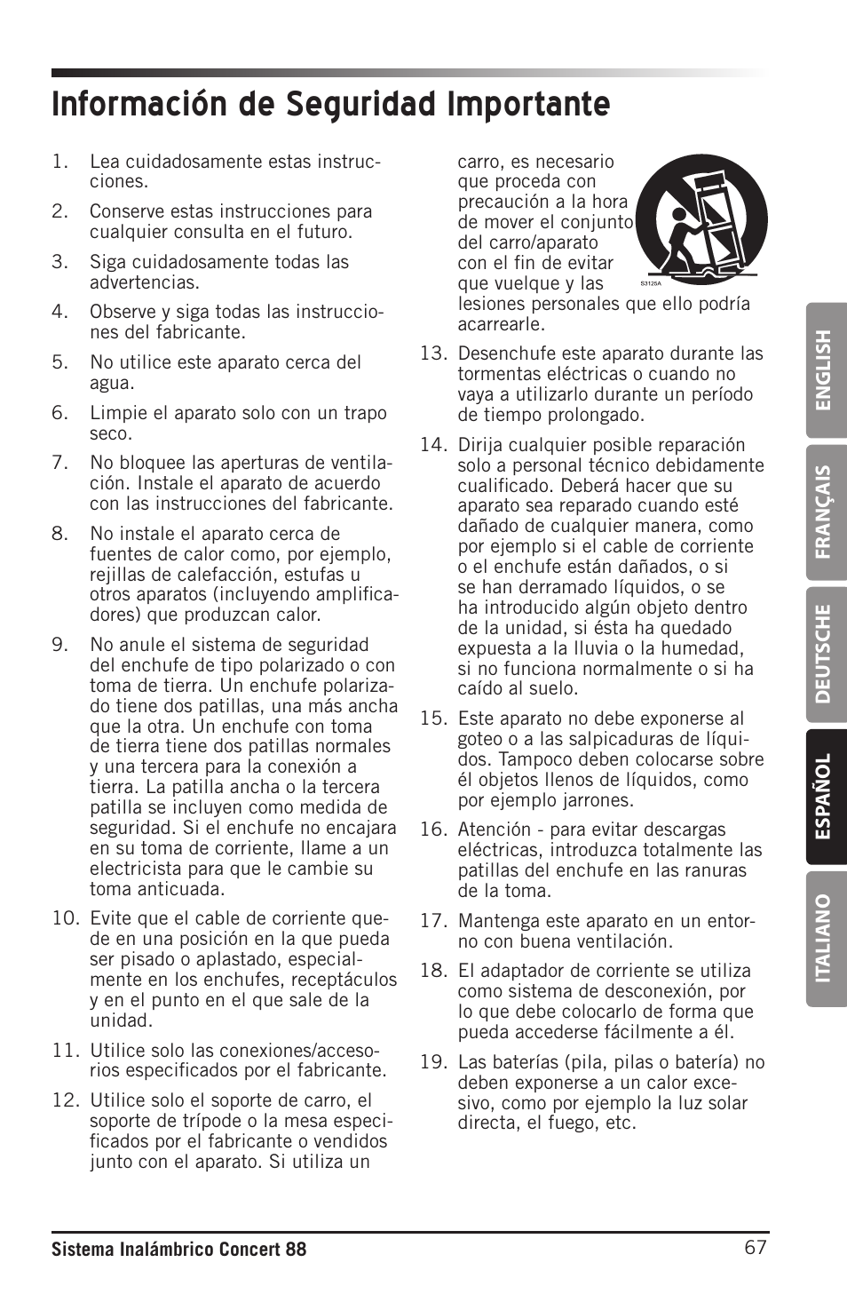 Información de seguridad importante | Samson Concert 88 Camera Combo UHF Camera Wireless System (D: 542 to 566 MHz) User Manual | Page 67 / 108
