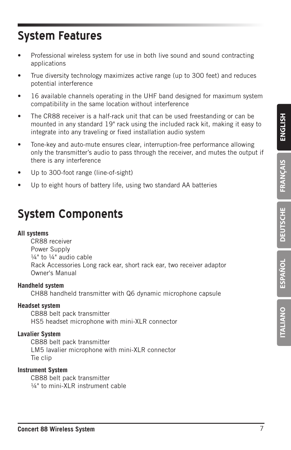 System components system features | Samson Concert 88 Camera Combo UHF Camera Wireless System (D: 542 to 566 MHz) User Manual | Page 7 / 108