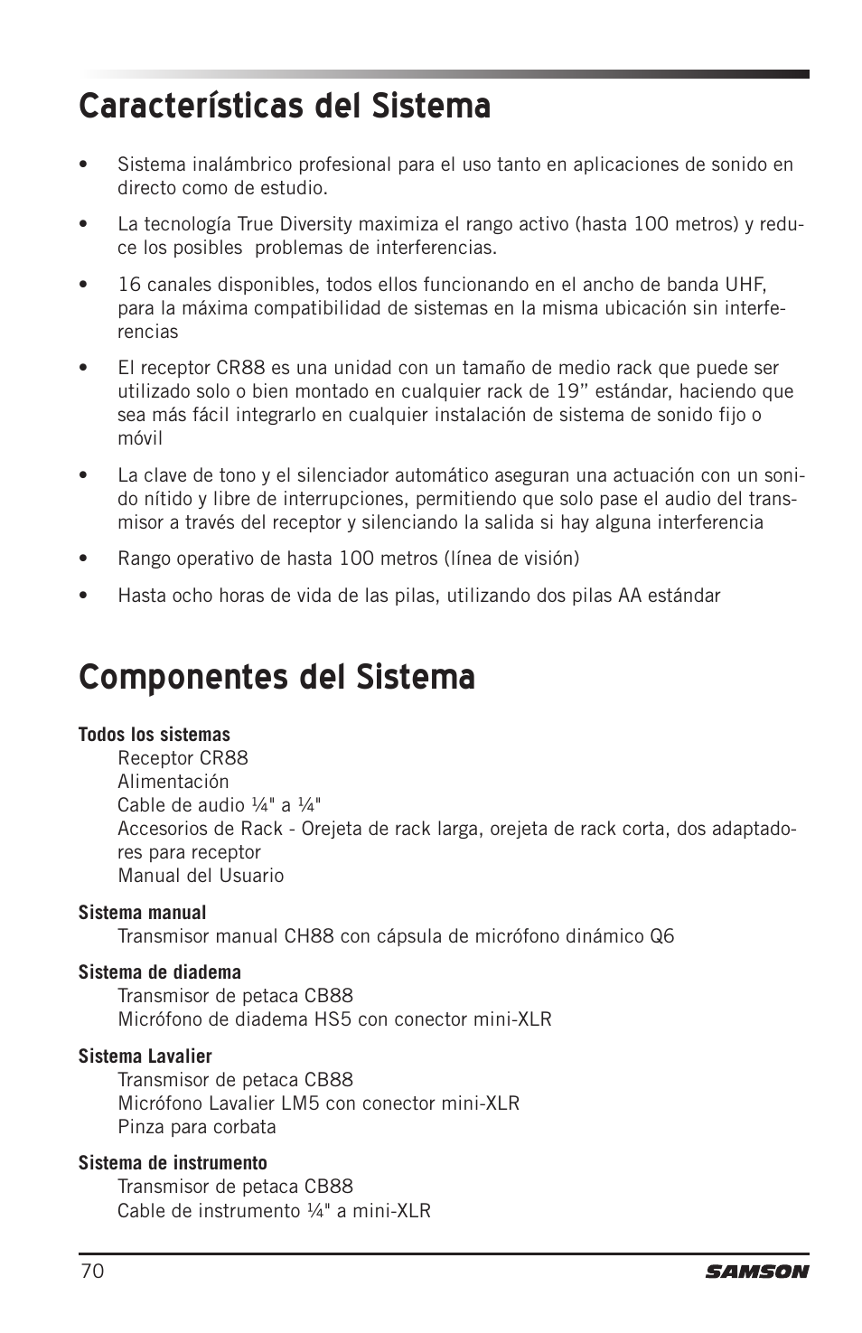 Samson Concert 88 Camera Combo UHF Camera Wireless System (D: 542 to 566 MHz) User Manual | Page 70 / 108