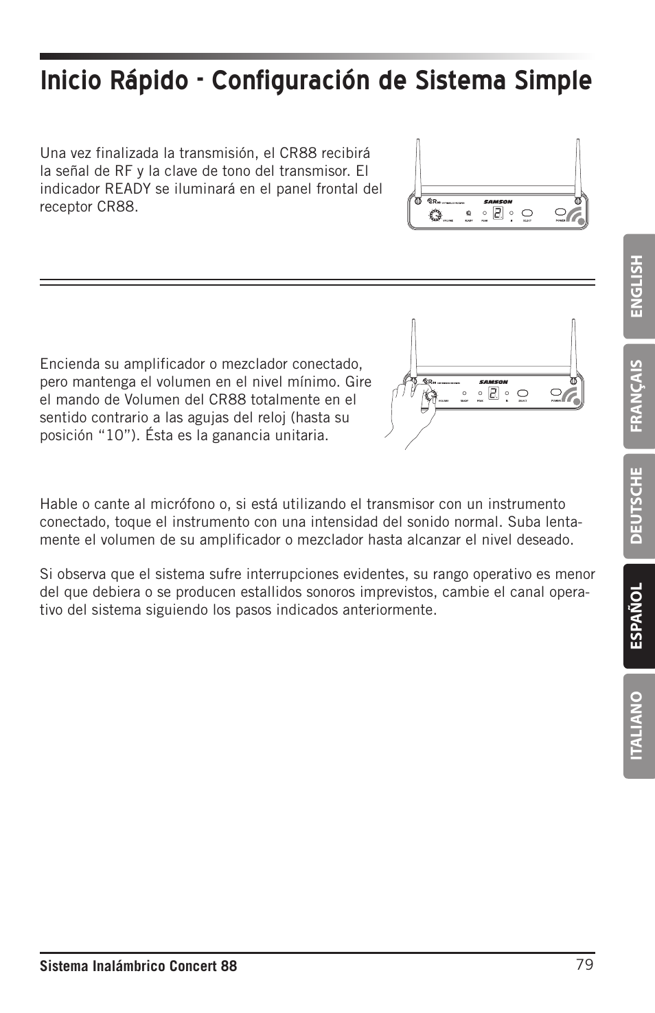 Inicio rápido - configuración de sistema simple, English fr anç ais deut sche esp añol it aliano, 79 sistema inalámbrico concert 88 | Samson Concert 88 Camera Combo UHF Camera Wireless System (D: 542 to 566 MHz) User Manual | Page 79 / 108