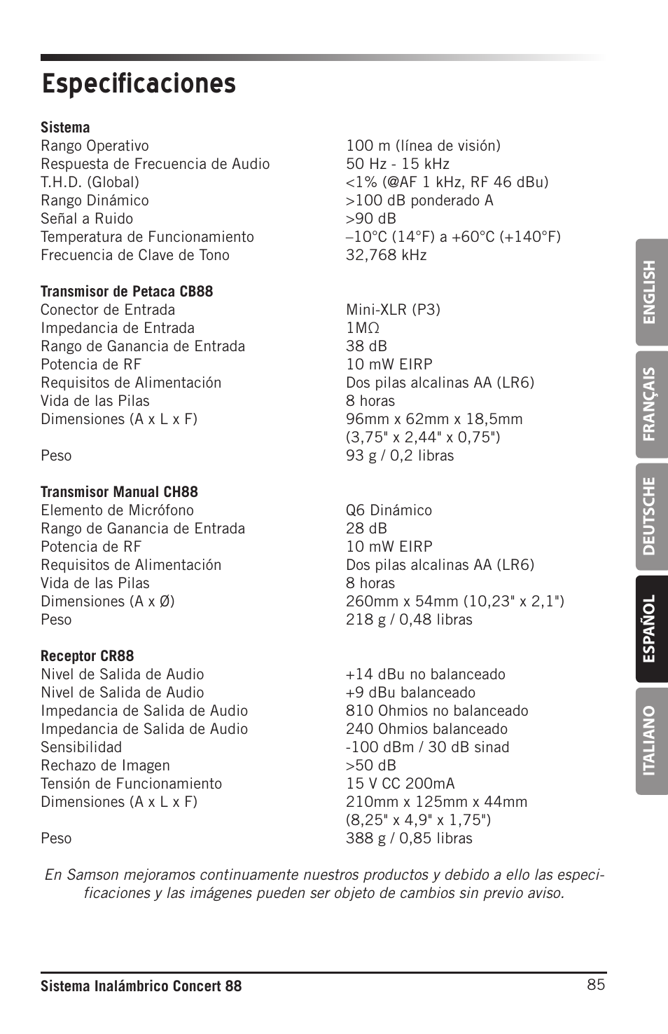 Especificaciones | Samson Concert 88 Camera Combo UHF Camera Wireless System (D: 542 to 566 MHz) User Manual | Page 85 / 108