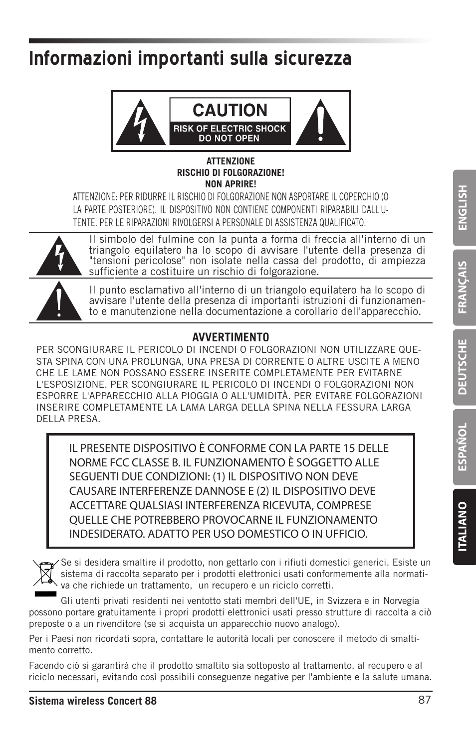 Informazioni importanti sulla sicurezza | Samson Concert 88 Camera Combo UHF Camera Wireless System (D: 542 to 566 MHz) User Manual | Page 87 / 108