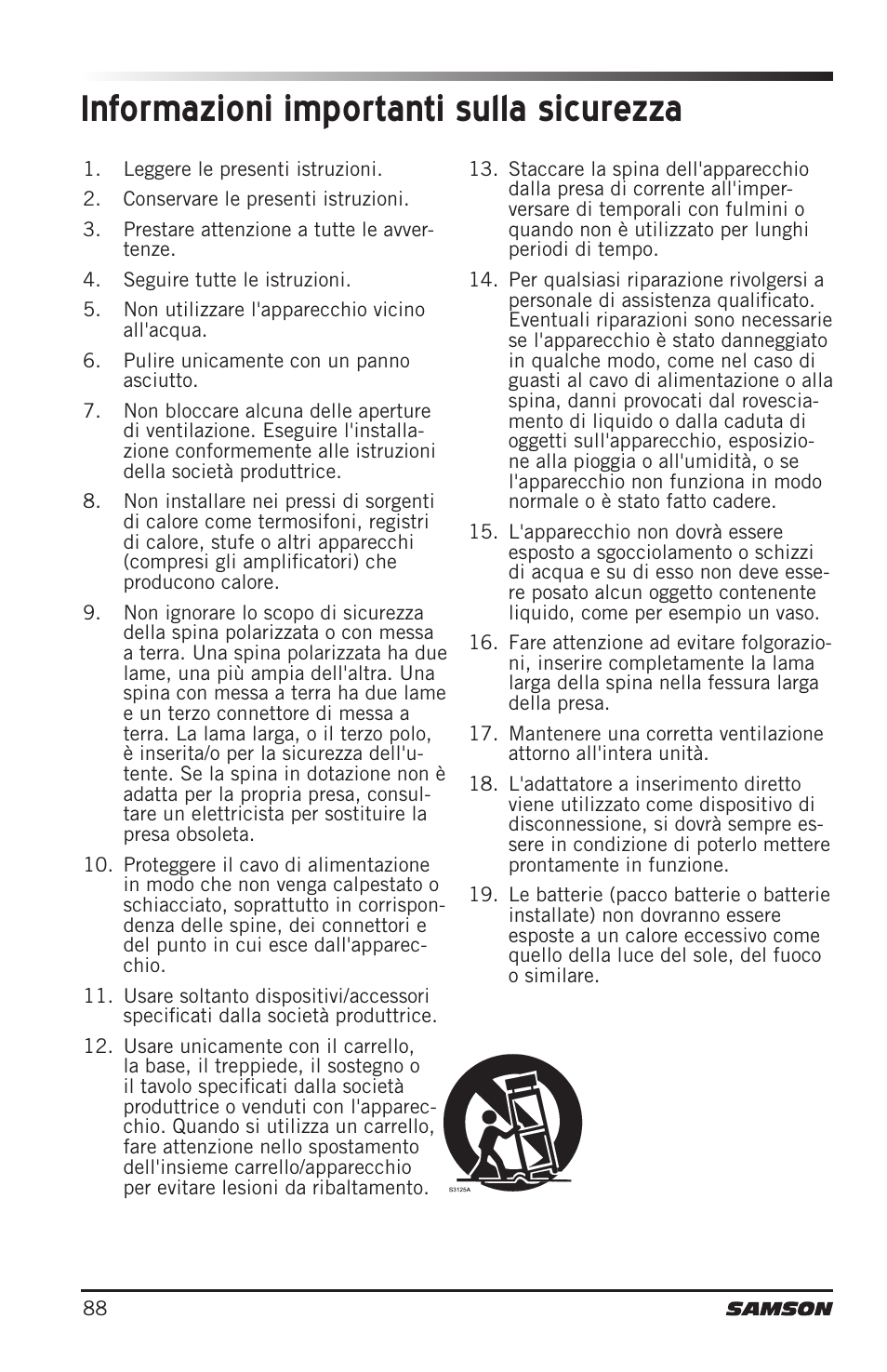 Informazioni importanti sulla sicurezza | Samson Concert 88 Camera Combo UHF Camera Wireless System (D: 542 to 566 MHz) User Manual | Page 88 / 108