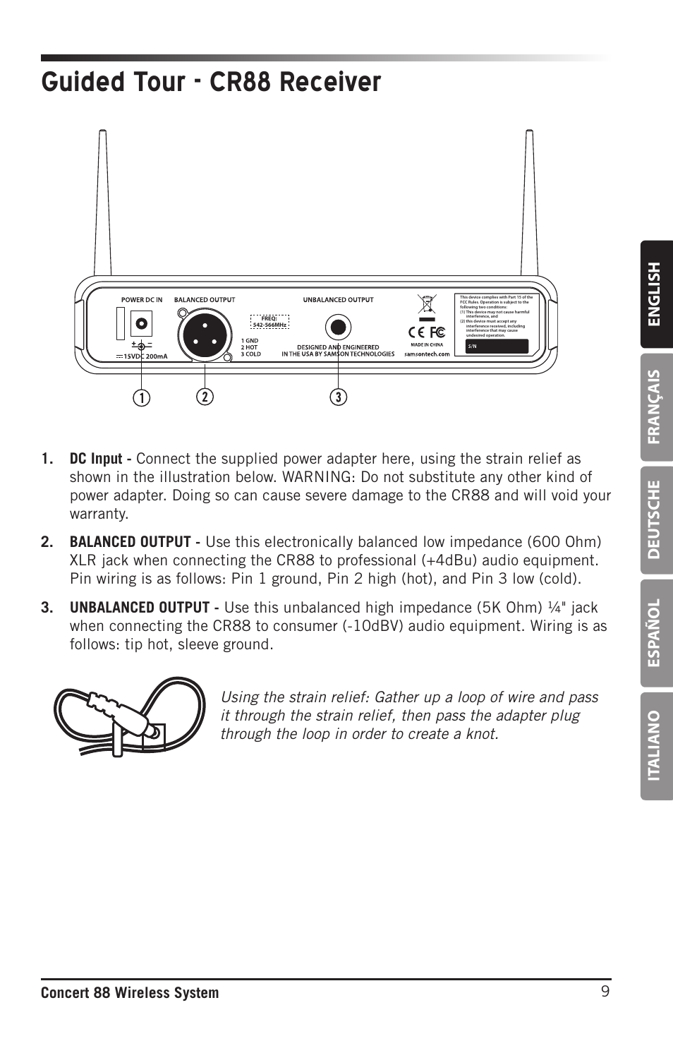 Guided tour - cr88 receiver, English fr anç ais deut sche esp añol it aliano, 9concert 88 wireless system | Samson Concert 88 Camera Combo UHF Camera Wireless System (D: 542 to 566 MHz) User Manual | Page 9 / 108