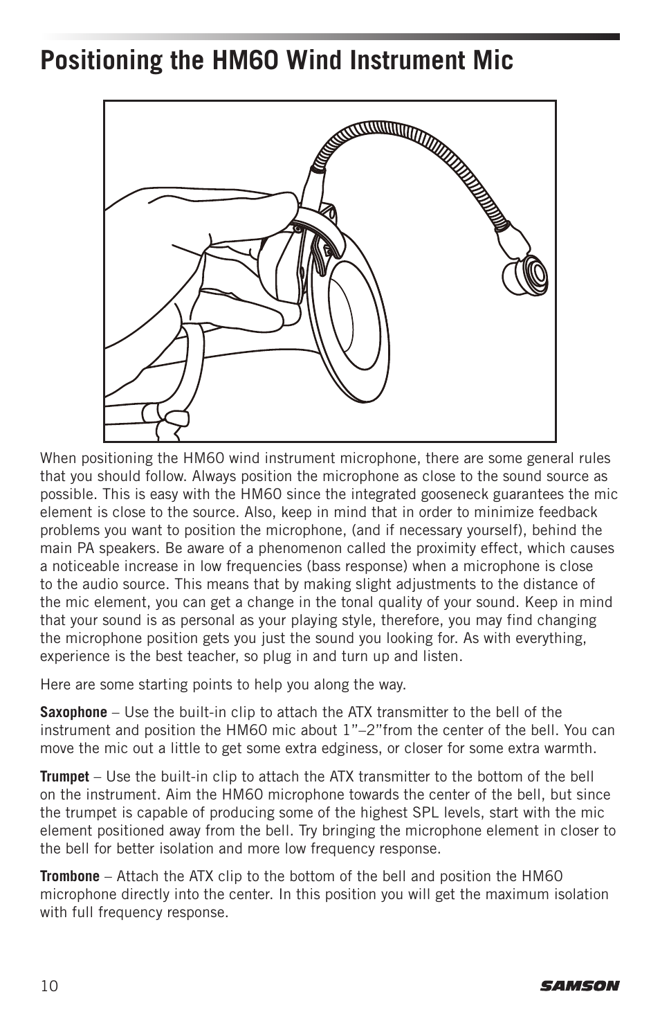 Positioning the hm60 wind instrument mic | Samson Airline ALX Wireless UHF Lavalier System (K: 470 to 494 MHz) User Manual | Page 10 / 80