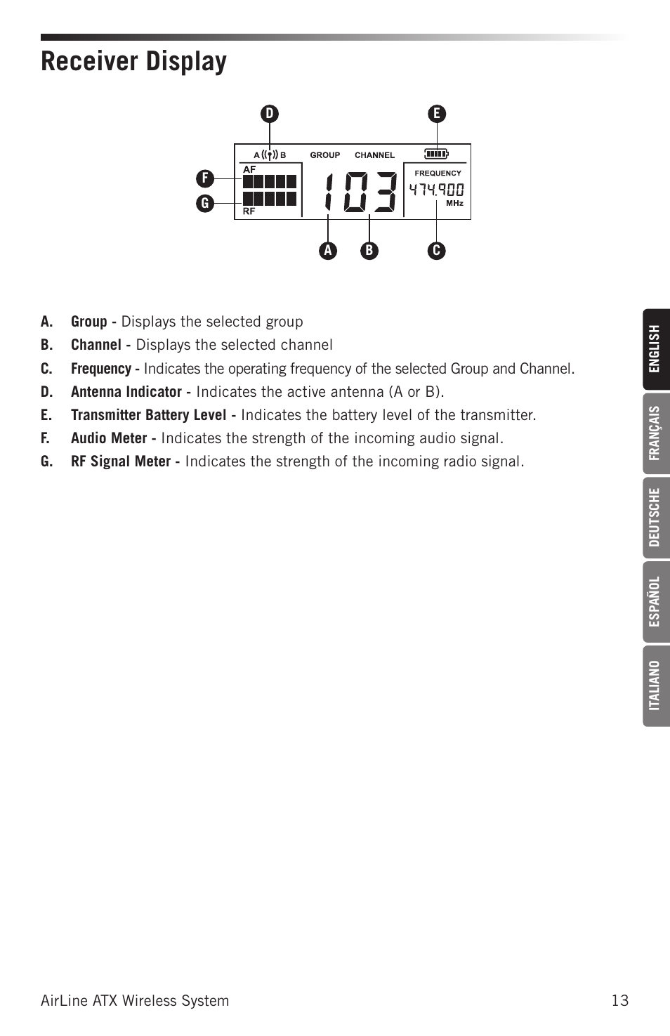 Receiver display | Samson Airline ALX Wireless UHF Lavalier System (K: 470 to 494 MHz) User Manual | Page 13 / 80