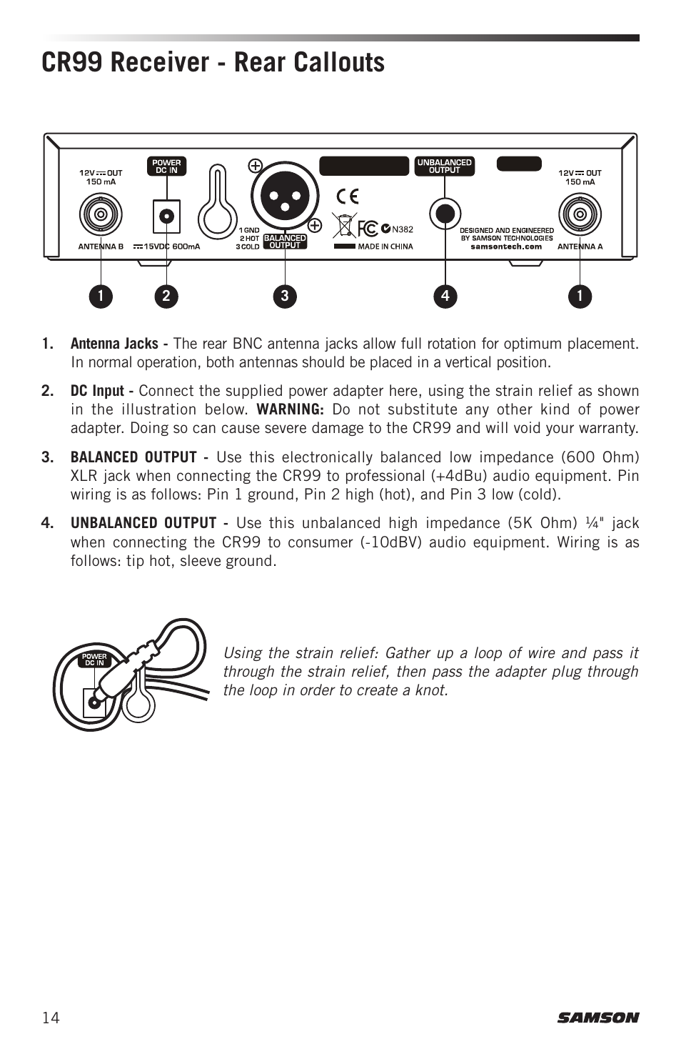 Cr99 receiver - rear callouts | Samson Airline ALX Wireless UHF Lavalier System (K: 470 to 494 MHz) User Manual | Page 14 / 80