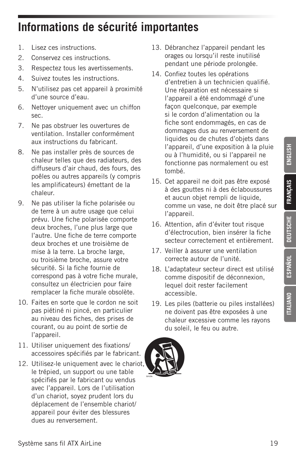 Informations de sécurité importantes | Samson Airline ALX Wireless UHF Lavalier System (K: 470 to 494 MHz) User Manual | Page 19 / 80