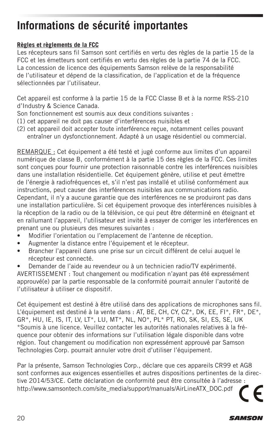 Informations de sécurité importantes | Samson Airline ALX Wireless UHF Lavalier System (K: 470 to 494 MHz) User Manual | Page 20 / 80