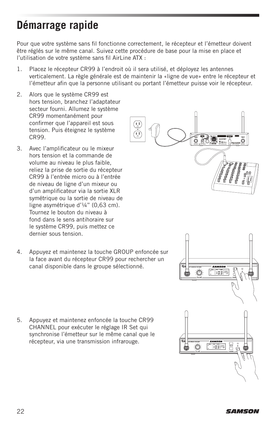 Démarrage rapide | Samson Airline ALX Wireless UHF Lavalier System (K: 470 to 494 MHz) User Manual | Page 22 / 80