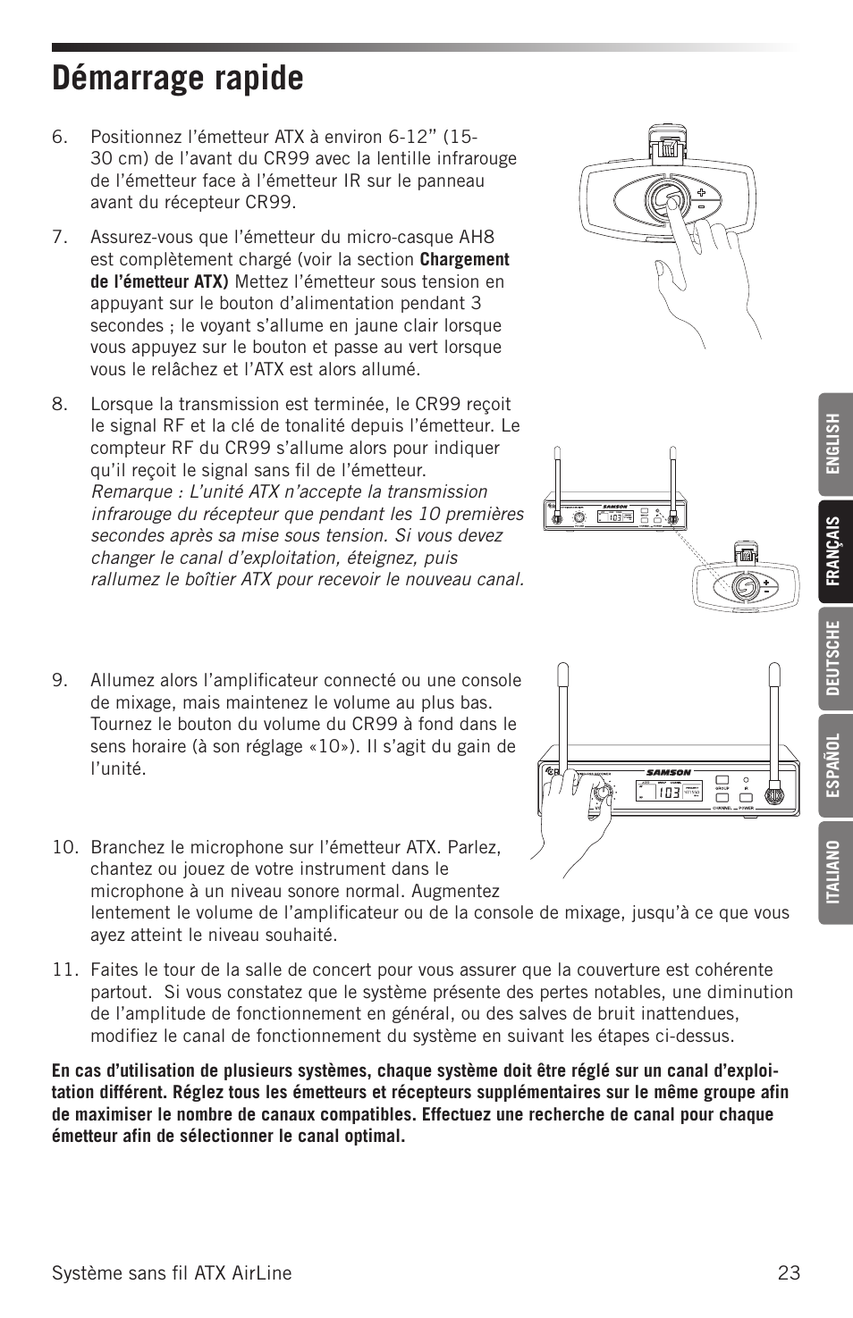 Démarrage rapide | Samson Airline ALX Wireless UHF Lavalier System (K: 470 to 494 MHz) User Manual | Page 23 / 80