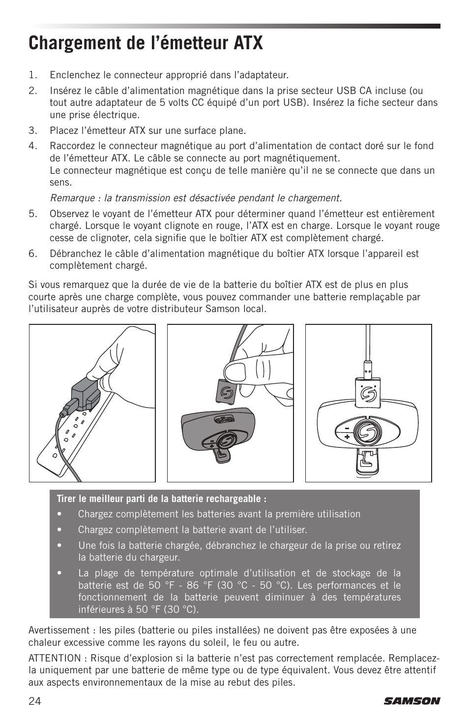 Chargement de l’émetteur atx | Samson Airline ALX Wireless UHF Lavalier System (K: 470 to 494 MHz) User Manual | Page 24 / 80