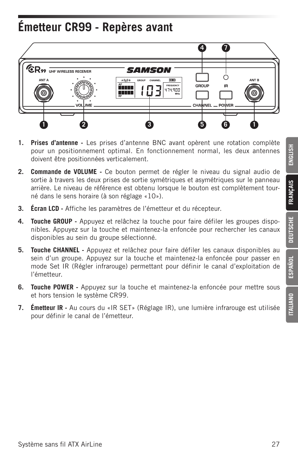 Émetteur cr99 - repères avant | Samson Airline ALX Wireless UHF Lavalier System (K: 470 to 494 MHz) User Manual | Page 27 / 80