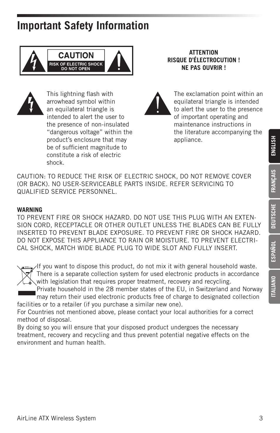 Important safety information | Samson Airline ALX Wireless UHF Lavalier System (K: 470 to 494 MHz) User Manual | Page 3 / 80