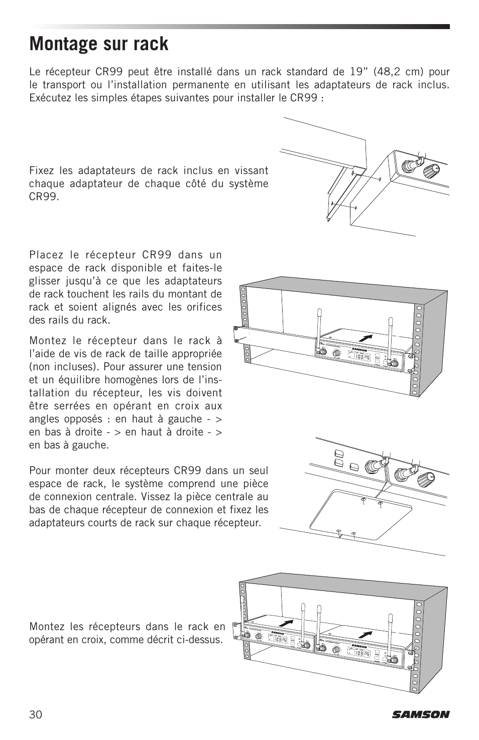 Montage sur rack | Samson Airline ALX Wireless UHF Lavalier System (K: 470 to 494 MHz) User Manual | Page 30 / 80