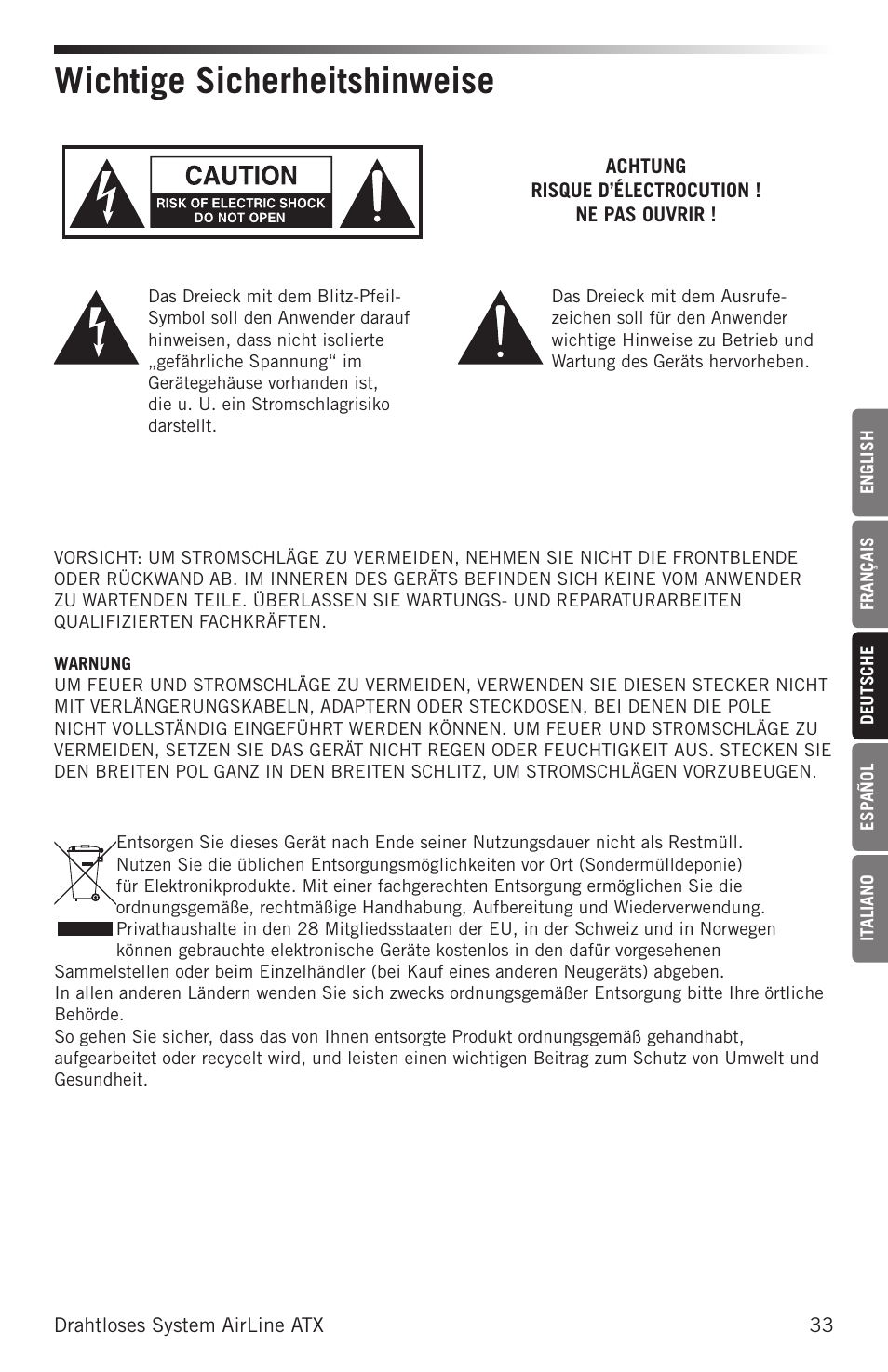 Wichtige sicherheitshinweise | Samson Airline ALX Wireless UHF Lavalier System (K: 470 to 494 MHz) User Manual | Page 33 / 80