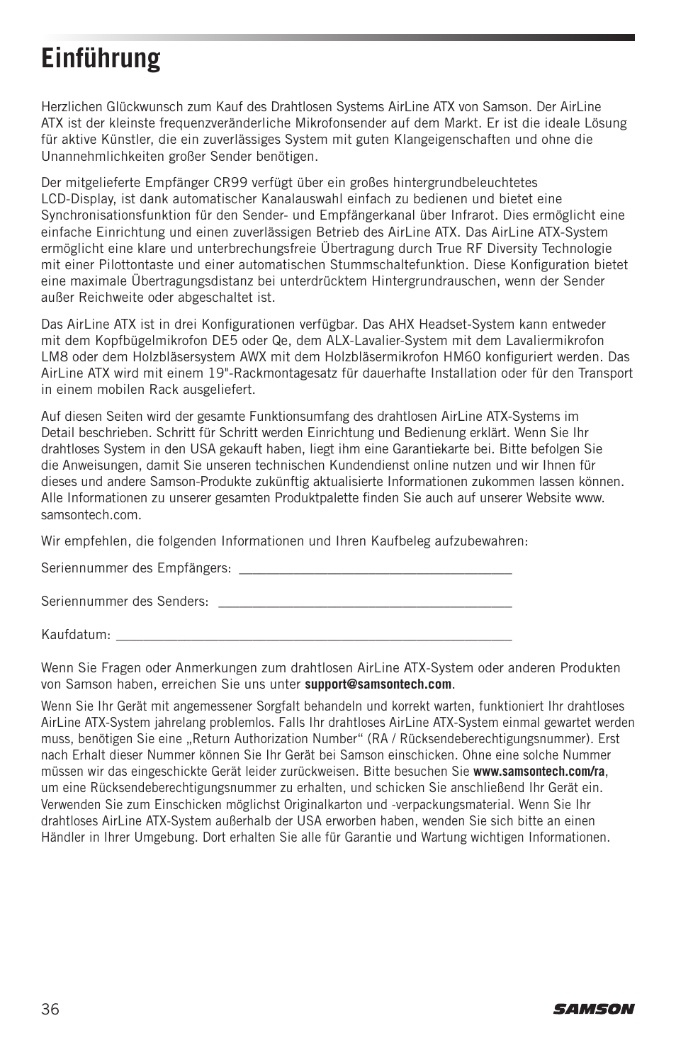 Einführung | Samson Airline ALX Wireless UHF Lavalier System (K: 470 to 494 MHz) User Manual | Page 36 / 80