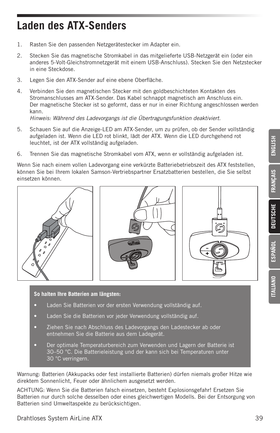 Laden des atx-senders | Samson Airline ALX Wireless UHF Lavalier System (K: 470 to 494 MHz) User Manual | Page 39 / 80