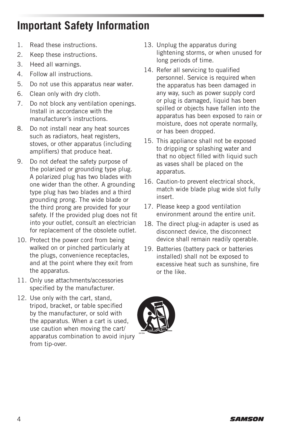 Important safety information | Samson Airline ALX Wireless UHF Lavalier System (K: 470 to 494 MHz) User Manual | Page 4 / 80