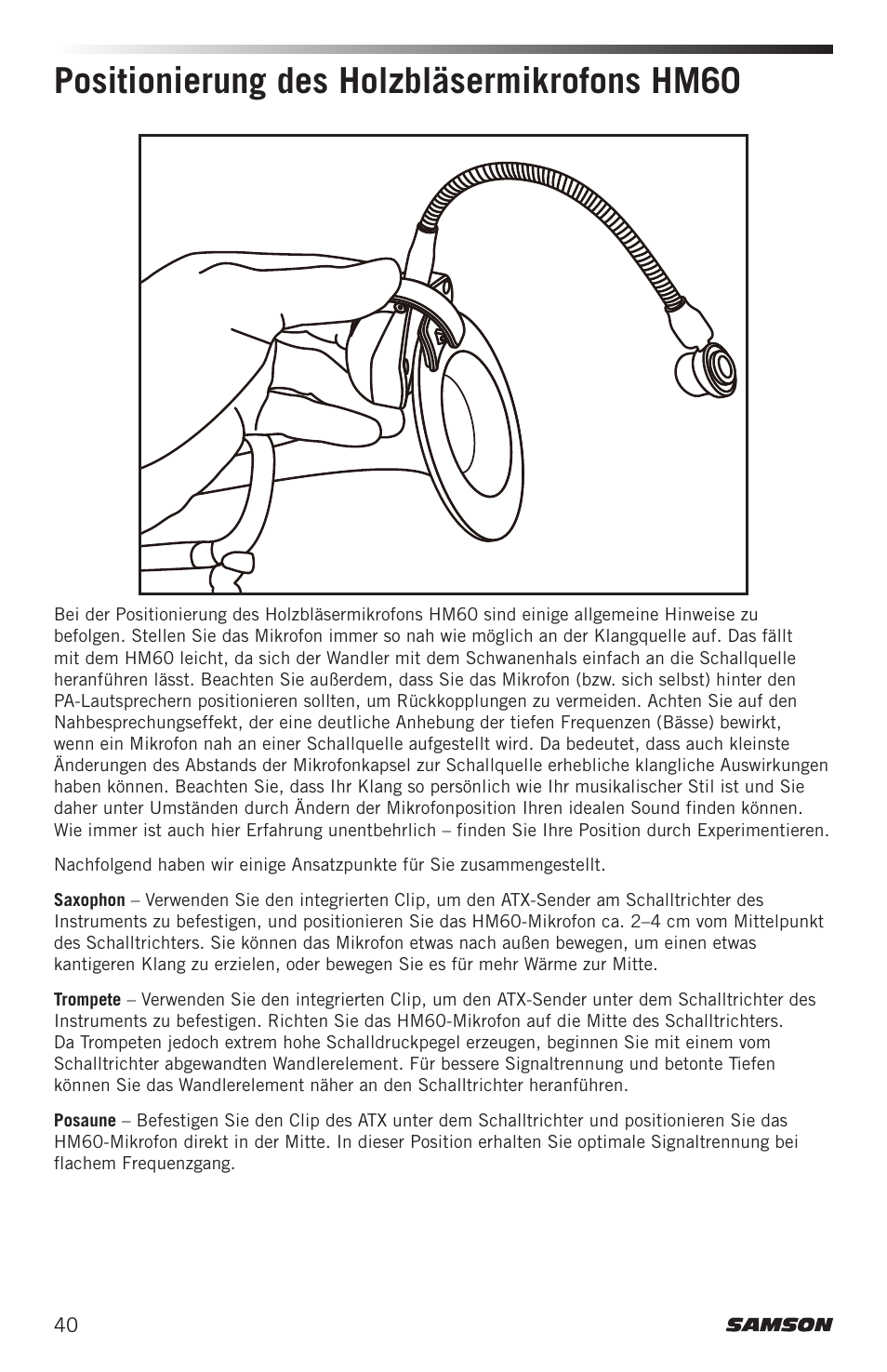 Positionierung des holzbläsermikrofons hm60 | Samson Airline ALX Wireless UHF Lavalier System (K: 470 to 494 MHz) User Manual | Page 40 / 80