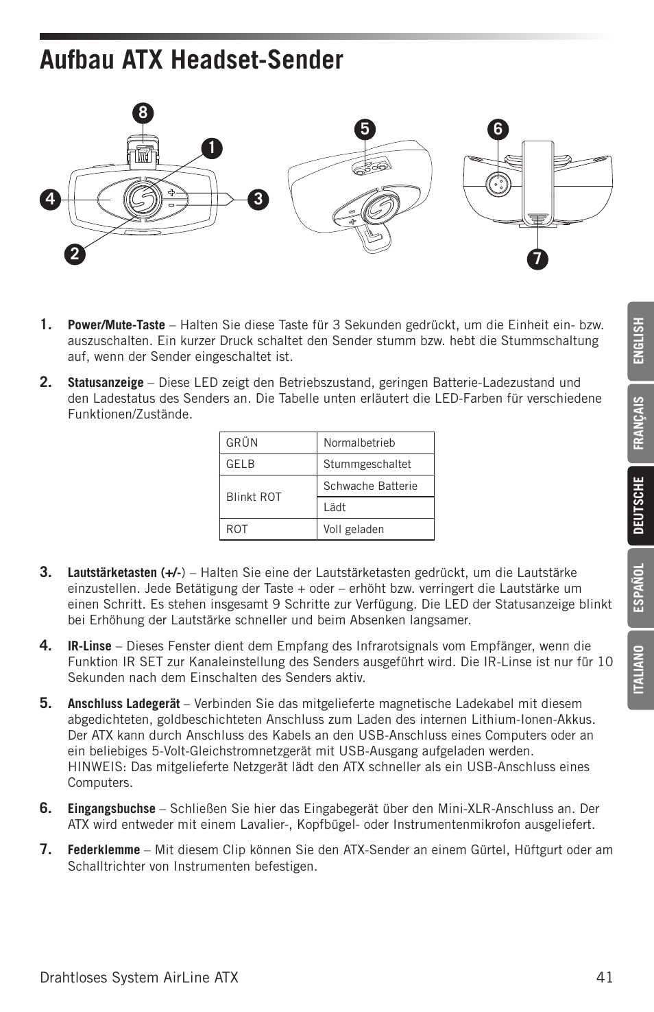 Aufbau atx headset-sender | Samson Airline ALX Wireless UHF Lavalier System (K: 470 to 494 MHz) User Manual | Page 41 / 80