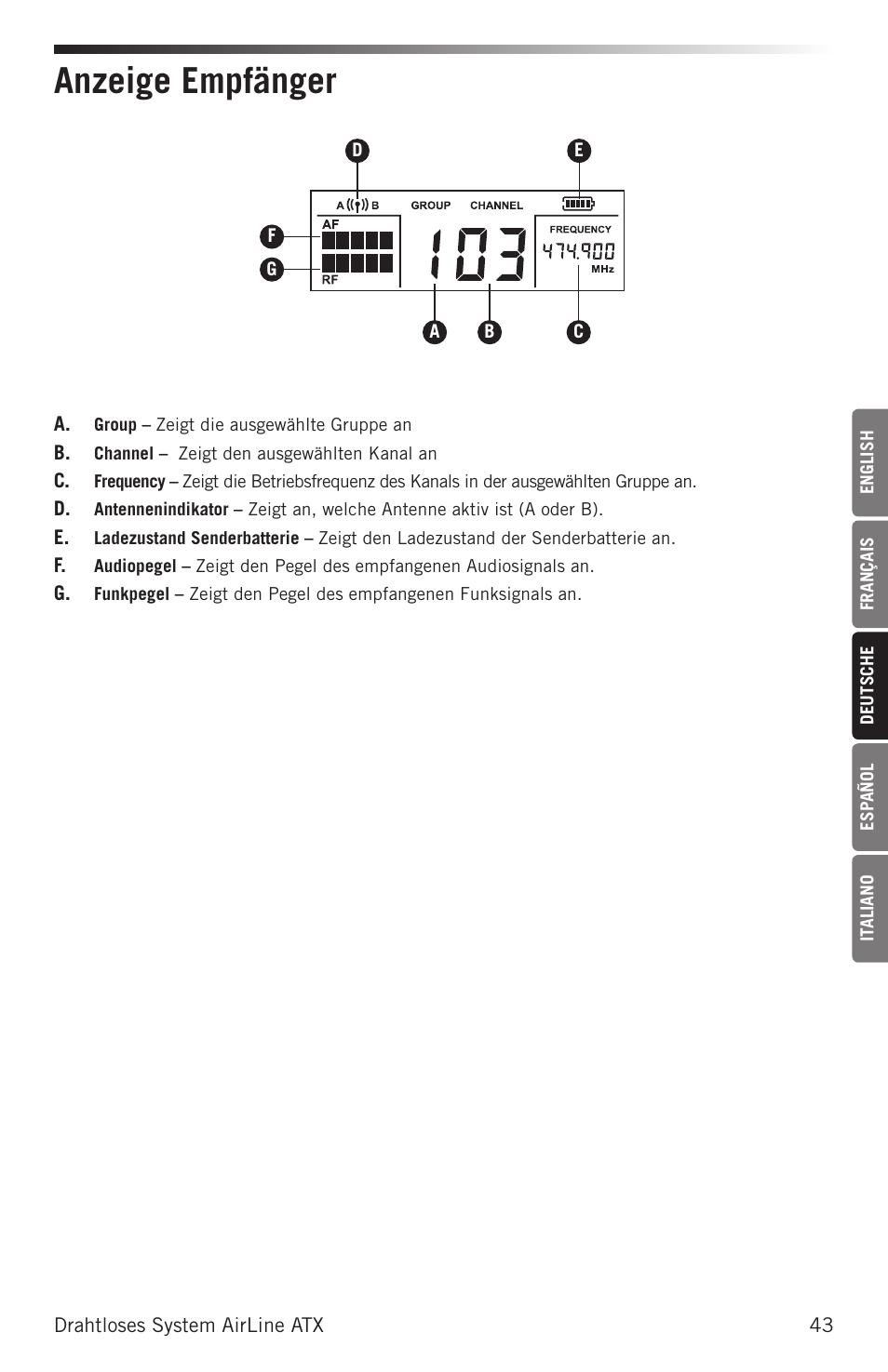 Anzeige empfänger | Samson Airline ALX Wireless UHF Lavalier System (K: 470 to 494 MHz) User Manual | Page 43 / 80