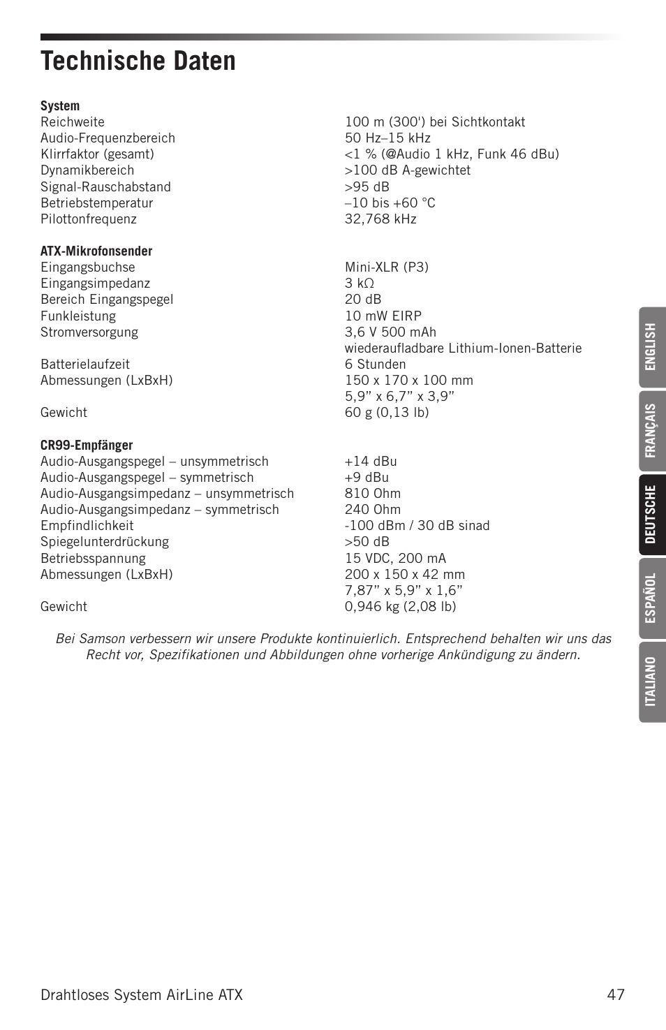 Technische daten | Samson Airline ALX Wireless UHF Lavalier System (K: 470 to 494 MHz) User Manual | Page 47 / 80