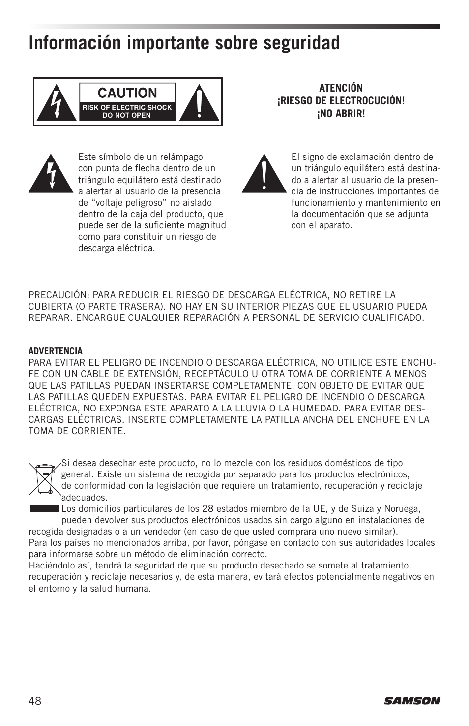 Información importante sobre seguridad | Samson Airline ALX Wireless UHF Lavalier System (K: 470 to 494 MHz) User Manual | Page 48 / 80