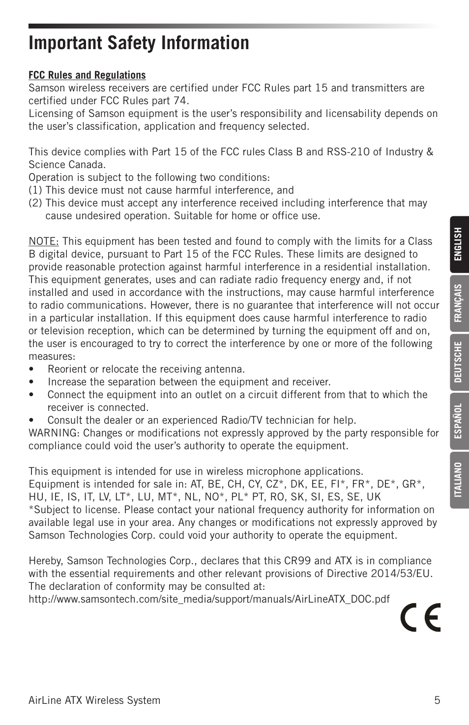 Important safety information | Samson Airline ALX Wireless UHF Lavalier System (K: 470 to 494 MHz) User Manual | Page 5 / 80