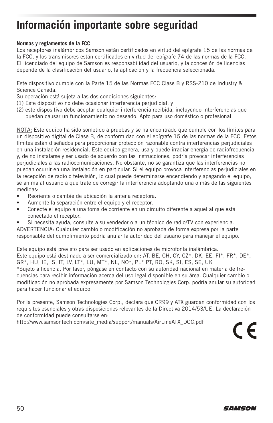 Información importante sobre seguridad | Samson Airline ALX Wireless UHF Lavalier System (K: 470 to 494 MHz) User Manual | Page 50 / 80