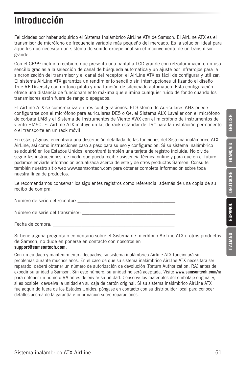 Introducción | Samson Airline ALX Wireless UHF Lavalier System (K: 470 to 494 MHz) User Manual | Page 51 / 80