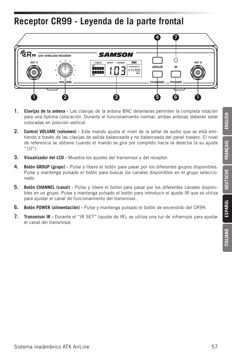 Receptor cr99 - leyenda de la parte frontal | Samson Airline ALX Wireless UHF Lavalier System (K: 470 to 494 MHz) User Manual | Page 57 / 80