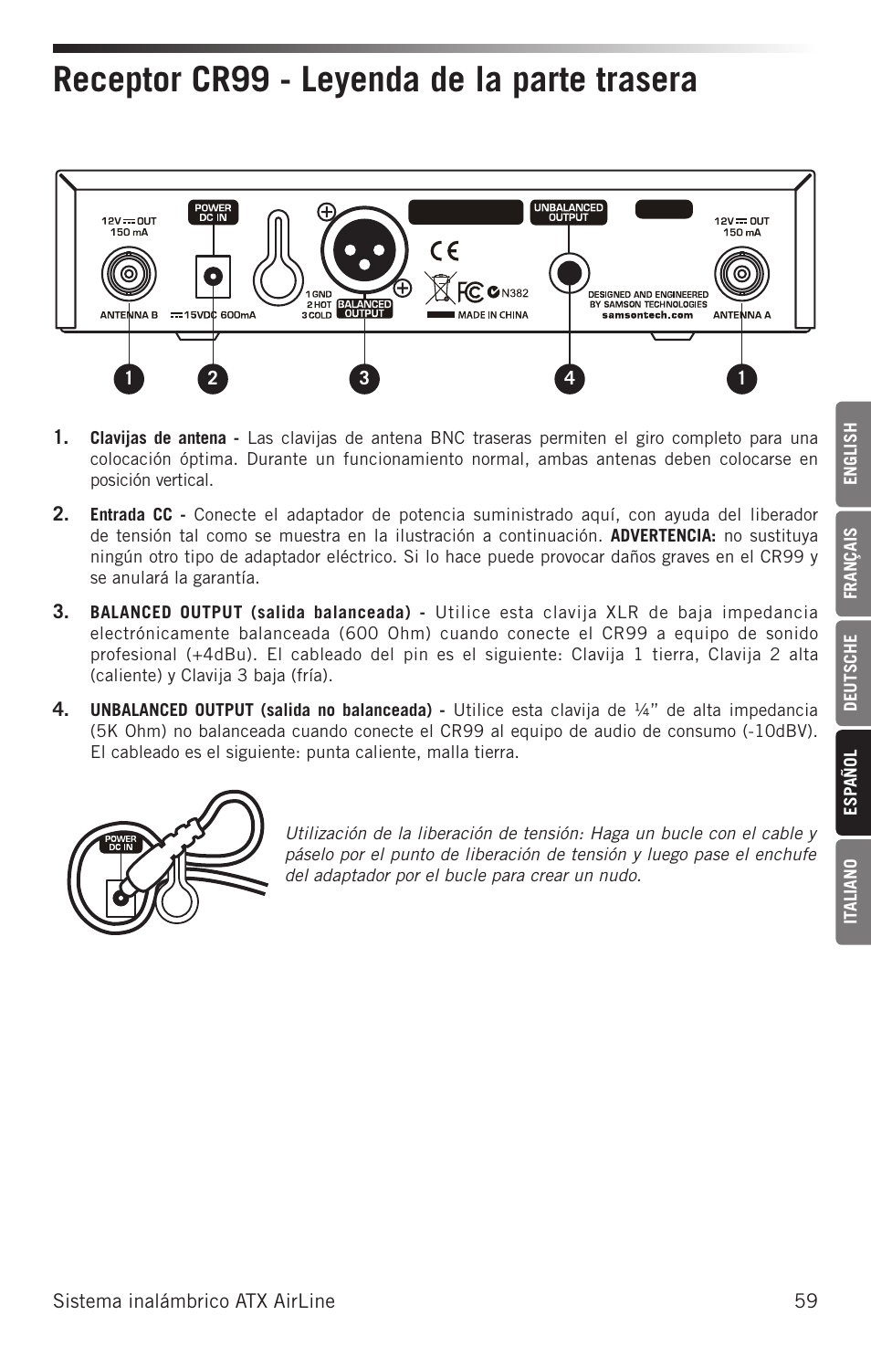 Receptor cr99 - leyenda de la parte trasera | Samson Airline ALX Wireless UHF Lavalier System (K: 470 to 494 MHz) User Manual | Page 59 / 80