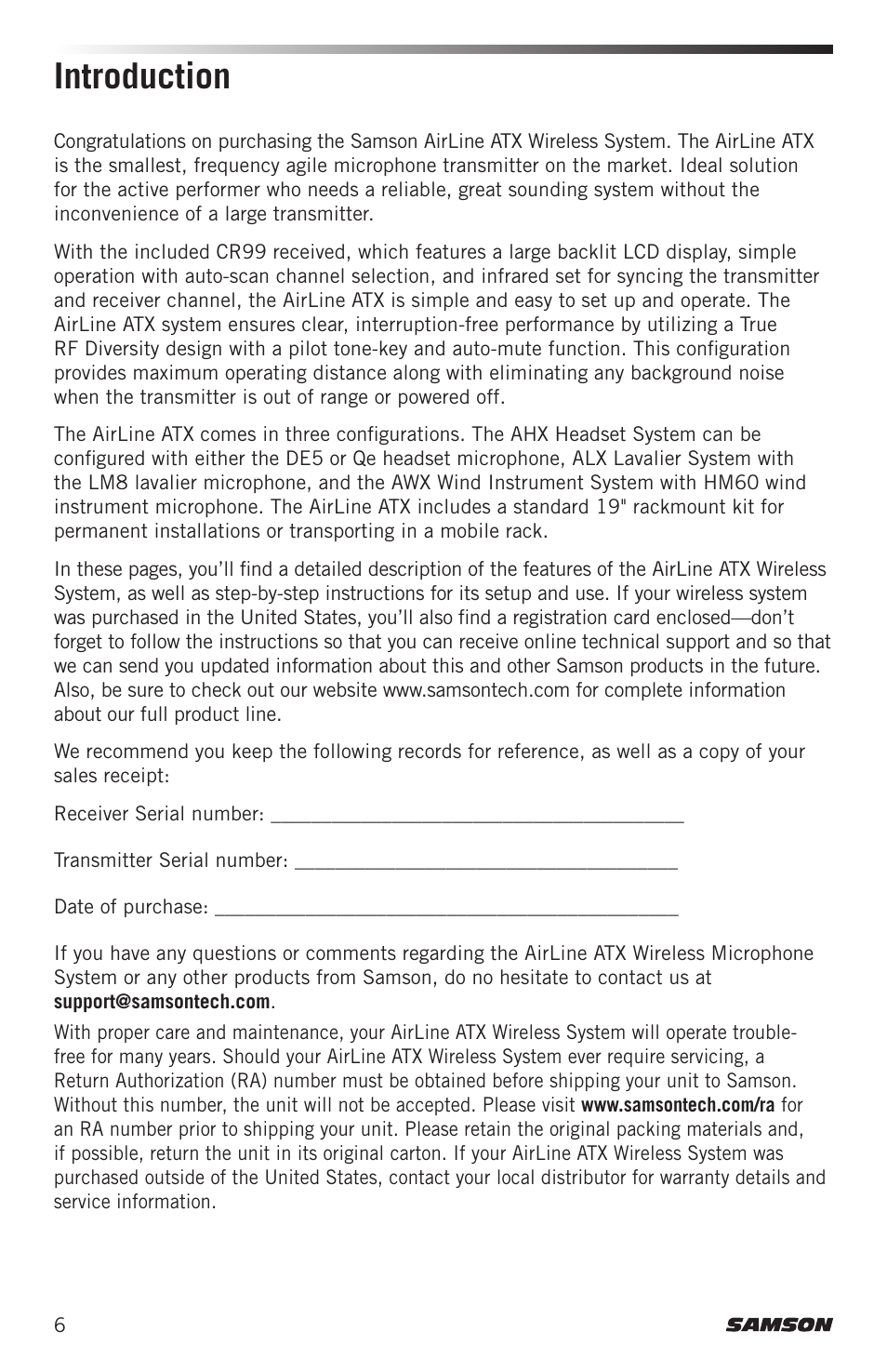 Introduction | Samson Airline ALX Wireless UHF Lavalier System (K: 470 to 494 MHz) User Manual | Page 6 / 80
