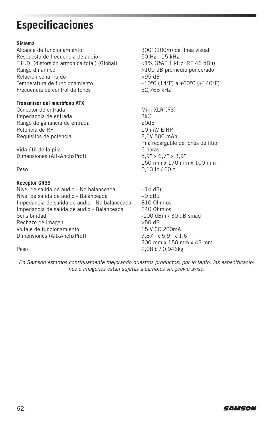 Especificaciones | Samson Airline ALX Wireless UHF Lavalier System (K: 470 to 494 MHz) User Manual | Page 62 / 80