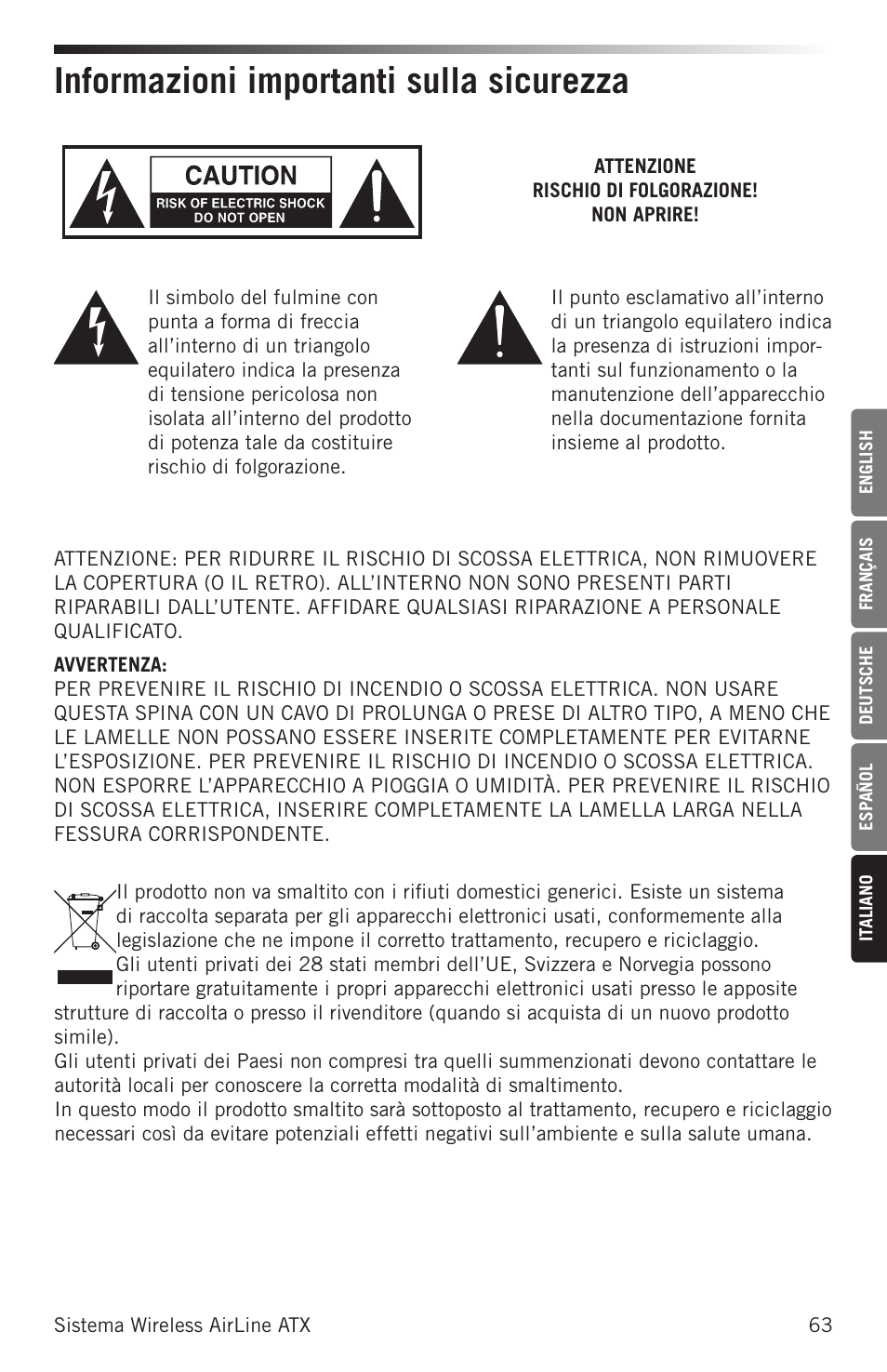 Informazioni importanti sulla sicurezza | Samson Airline ALX Wireless UHF Lavalier System (K: 470 to 494 MHz) User Manual | Page 63 / 80
