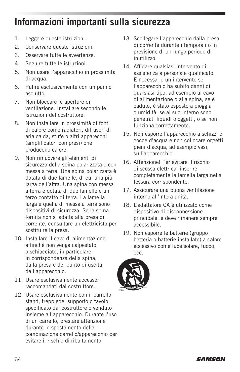 Informazioni importanti sulla sicurezza | Samson Airline ALX Wireless UHF Lavalier System (K: 470 to 494 MHz) User Manual | Page 64 / 80