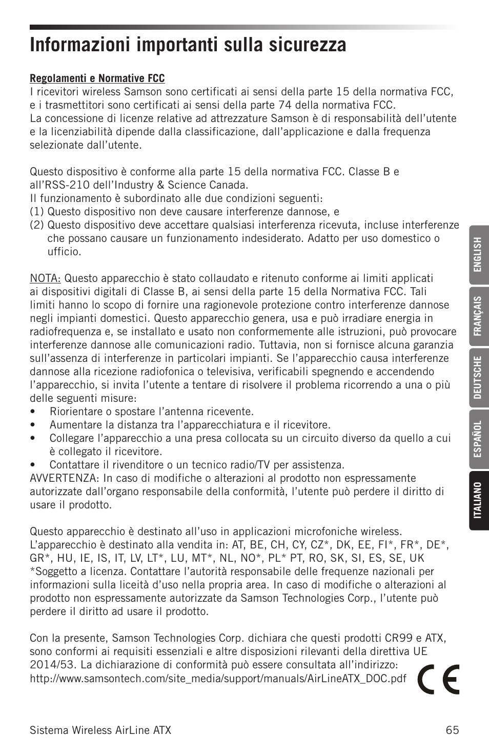 Informazioni importanti sulla sicurezza | Samson Airline ALX Wireless UHF Lavalier System (K: 470 to 494 MHz) User Manual | Page 65 / 80