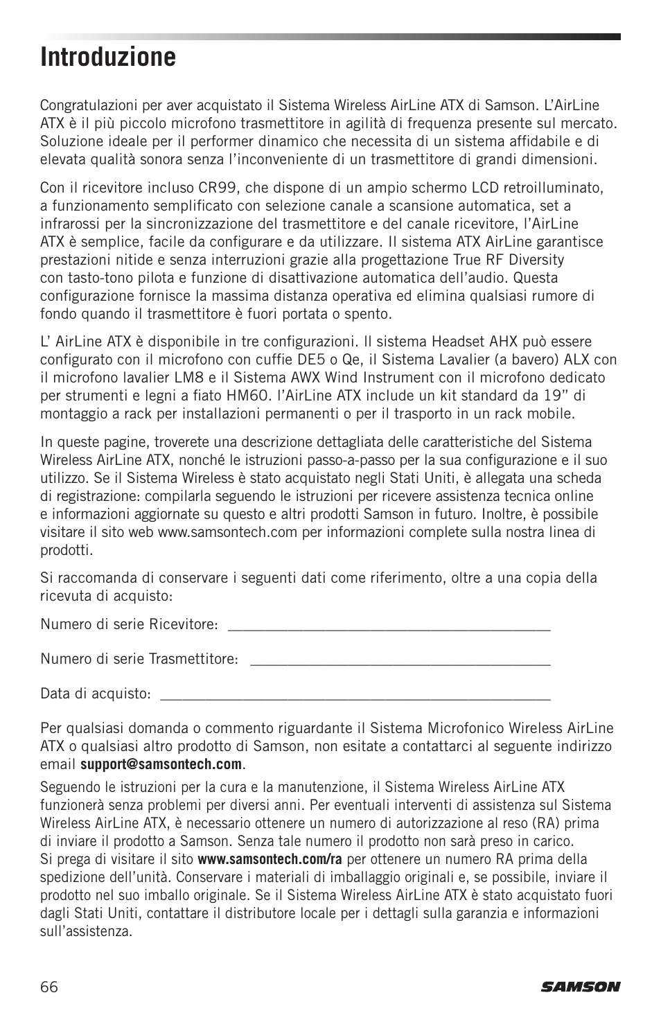 Introduzione | Samson Airline ALX Wireless UHF Lavalier System (K: 470 to 494 MHz) User Manual | Page 66 / 80