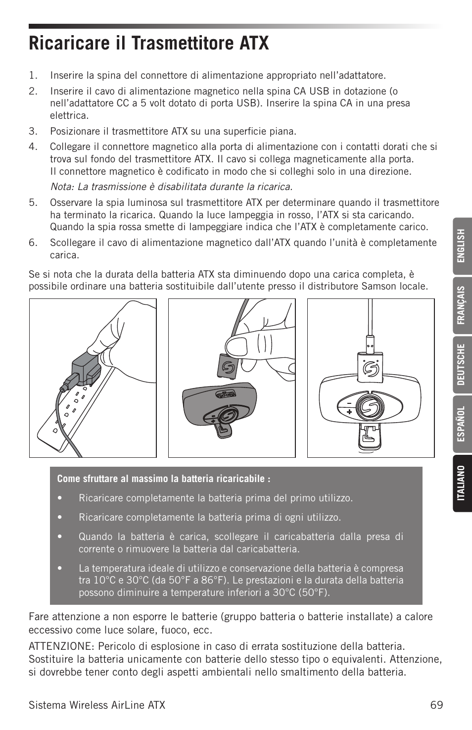 Ricaricare il trasmettitore atx | Samson Airline ALX Wireless UHF Lavalier System (K: 470 to 494 MHz) User Manual | Page 69 / 80