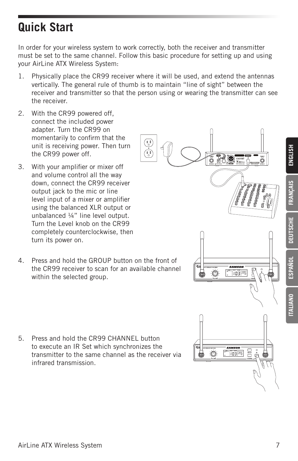 Quick start | Samson Airline ALX Wireless UHF Lavalier System (K: 470 to 494 MHz) User Manual | Page 7 / 80