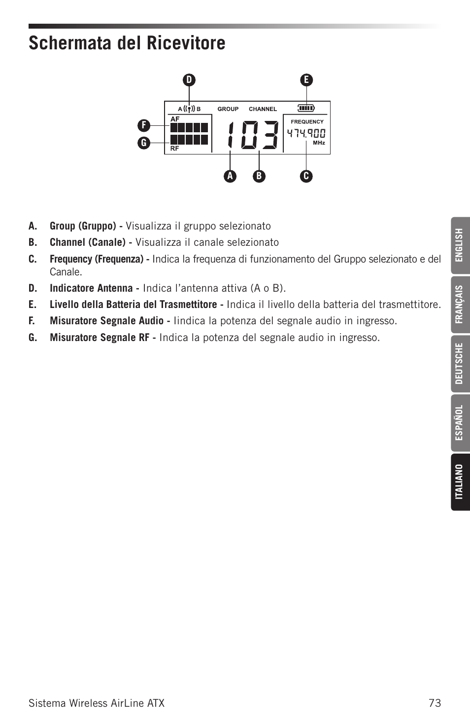 Schermata del ricevitore | Samson Airline ALX Wireless UHF Lavalier System (K: 470 to 494 MHz) User Manual | Page 73 / 80