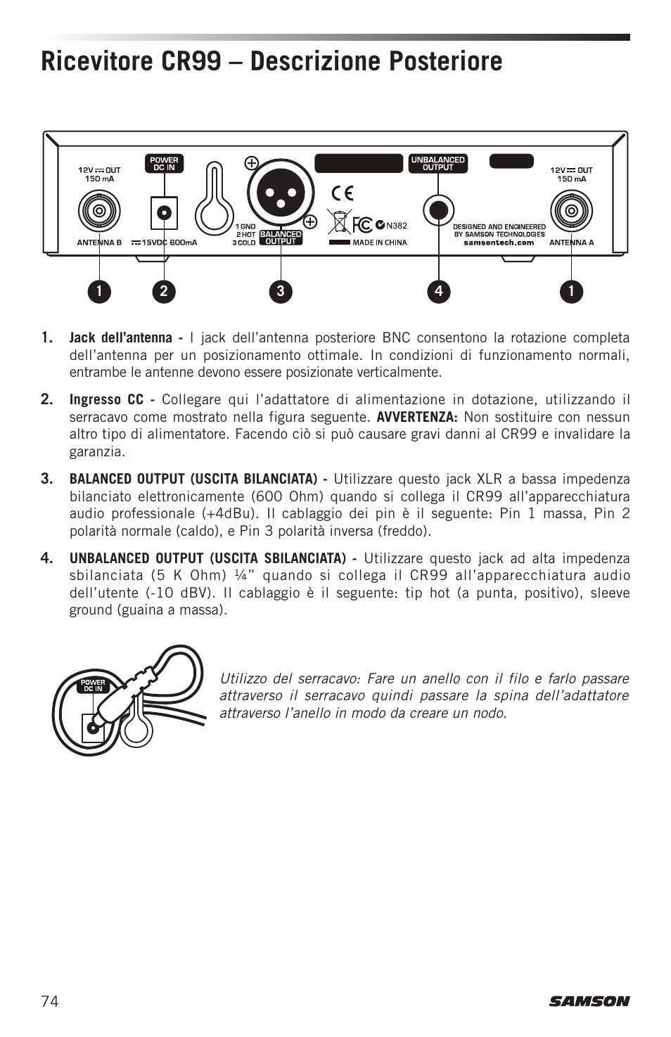 Ricevitore cr99 – descrizione posteriore | Samson Airline ALX Wireless UHF Lavalier System (K: 470 to 494 MHz) User Manual | Page 74 / 80