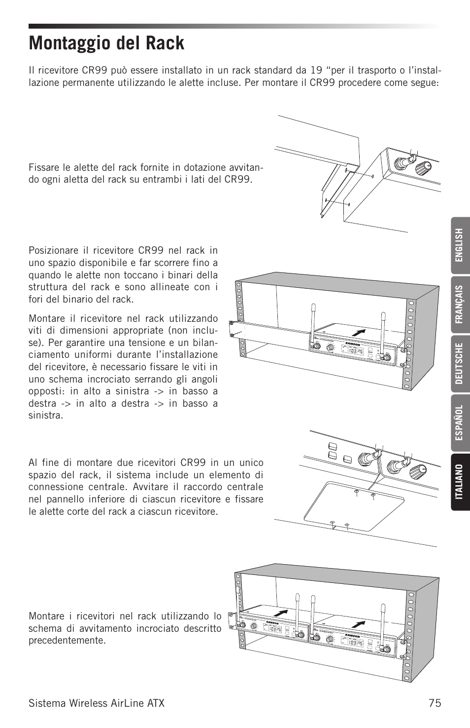 Montaggio del rack | Samson Airline ALX Wireless UHF Lavalier System (K: 470 to 494 MHz) User Manual | Page 75 / 80