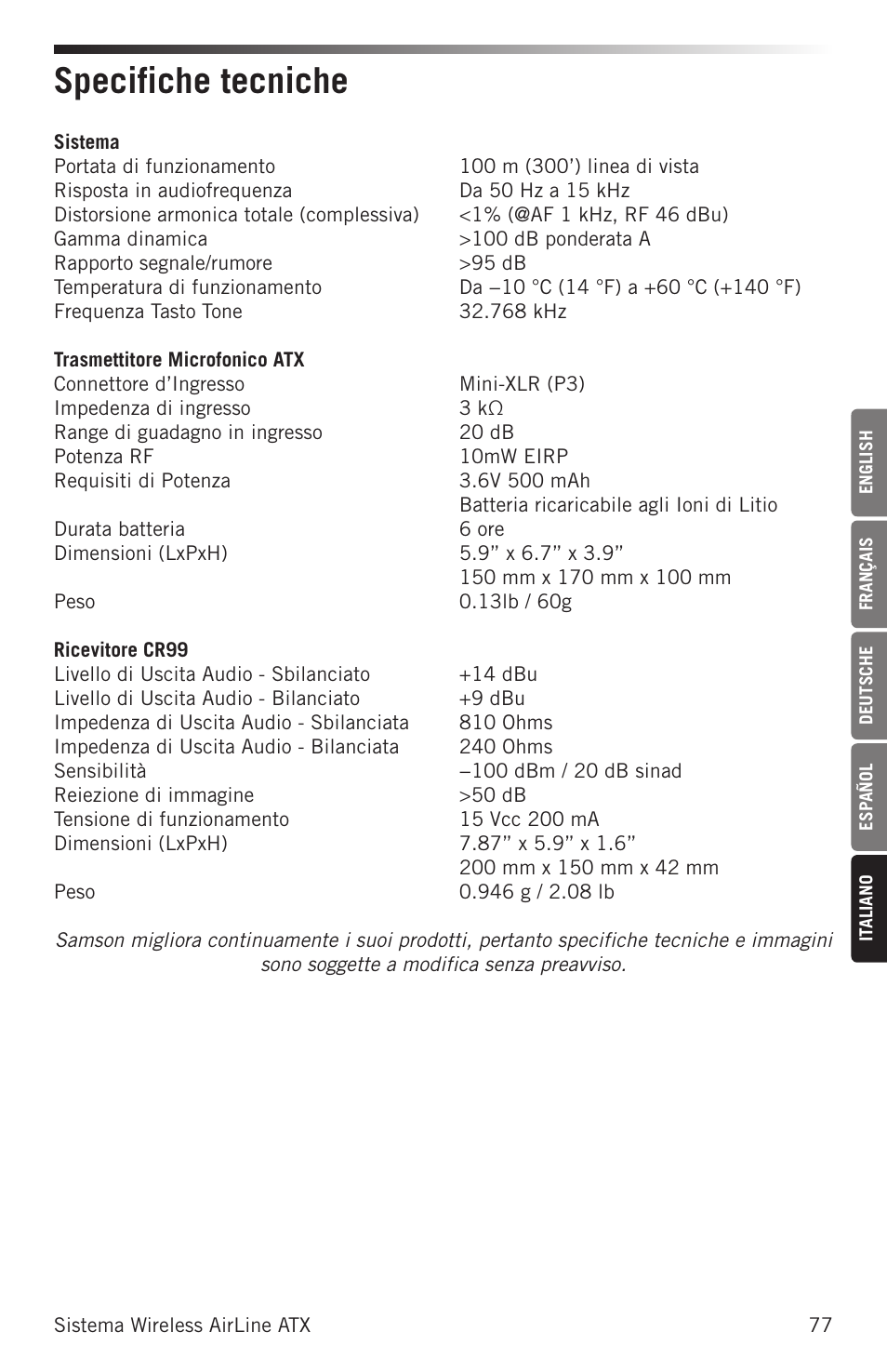 Specifiche tecniche | Samson Airline ALX Wireless UHF Lavalier System (K: 470 to 494 MHz) User Manual | Page 77 / 80