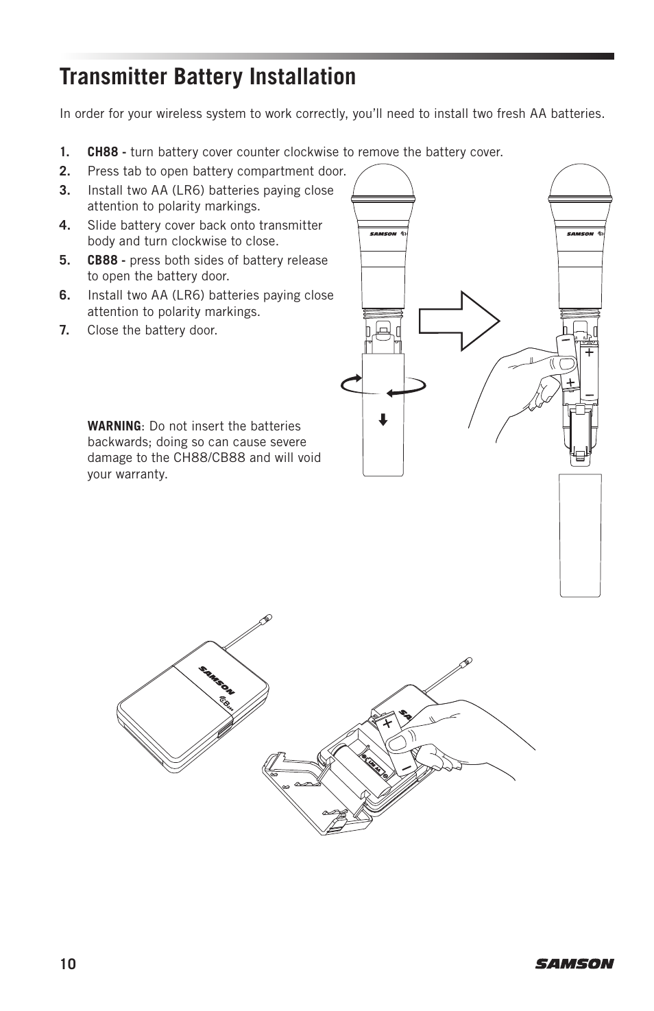 Transmitter battery installation | Samson Concert 288m Presentation Dual-Channel Wireless Lavalier & Headset Microphone System (D: 542 to 566 MHz) User Manual | Page 10 / 16