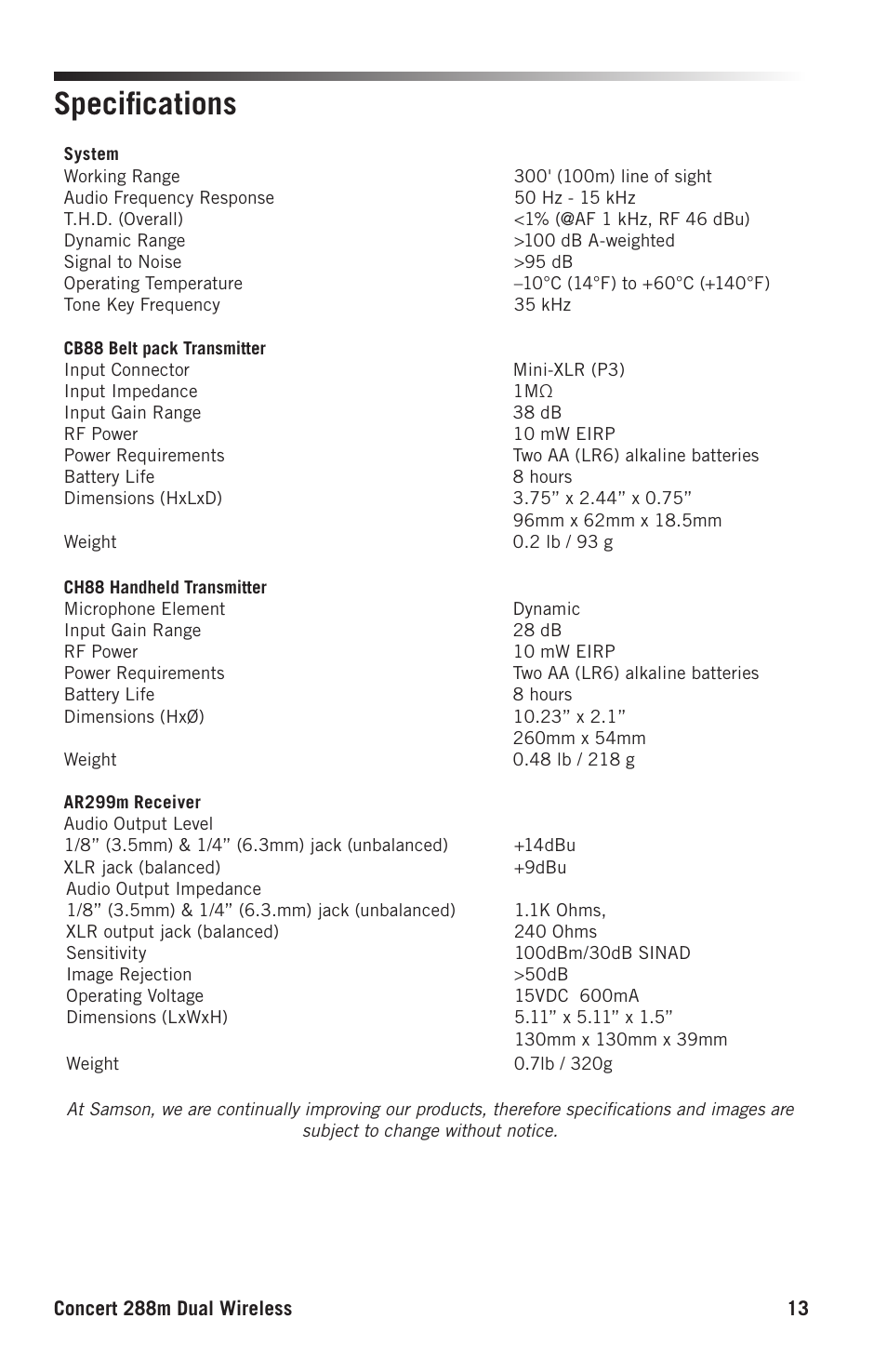 Specifications | Samson Concert 288m Presentation Dual-Channel Wireless Lavalier & Headset Microphone System (D: 542 to 566 MHz) User Manual | Page 13 / 16