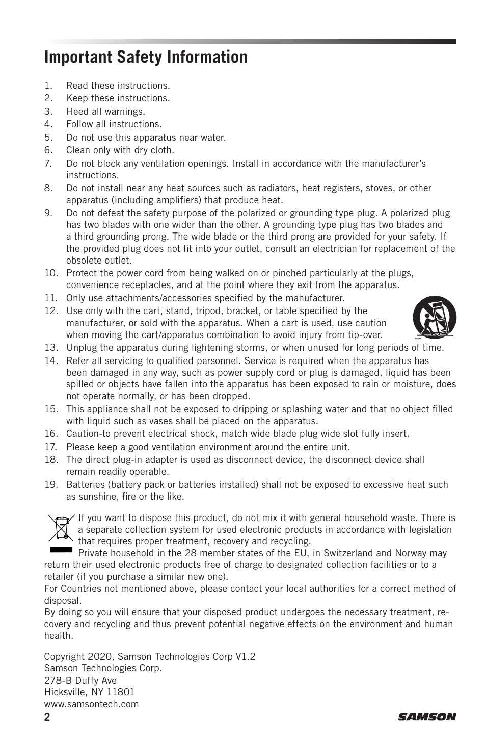 Important safety information | Samson Concert 288m Presentation Dual-Channel Wireless Lavalier & Headset Microphone System (D: 542 to 566 MHz) User Manual | Page 2 / 16