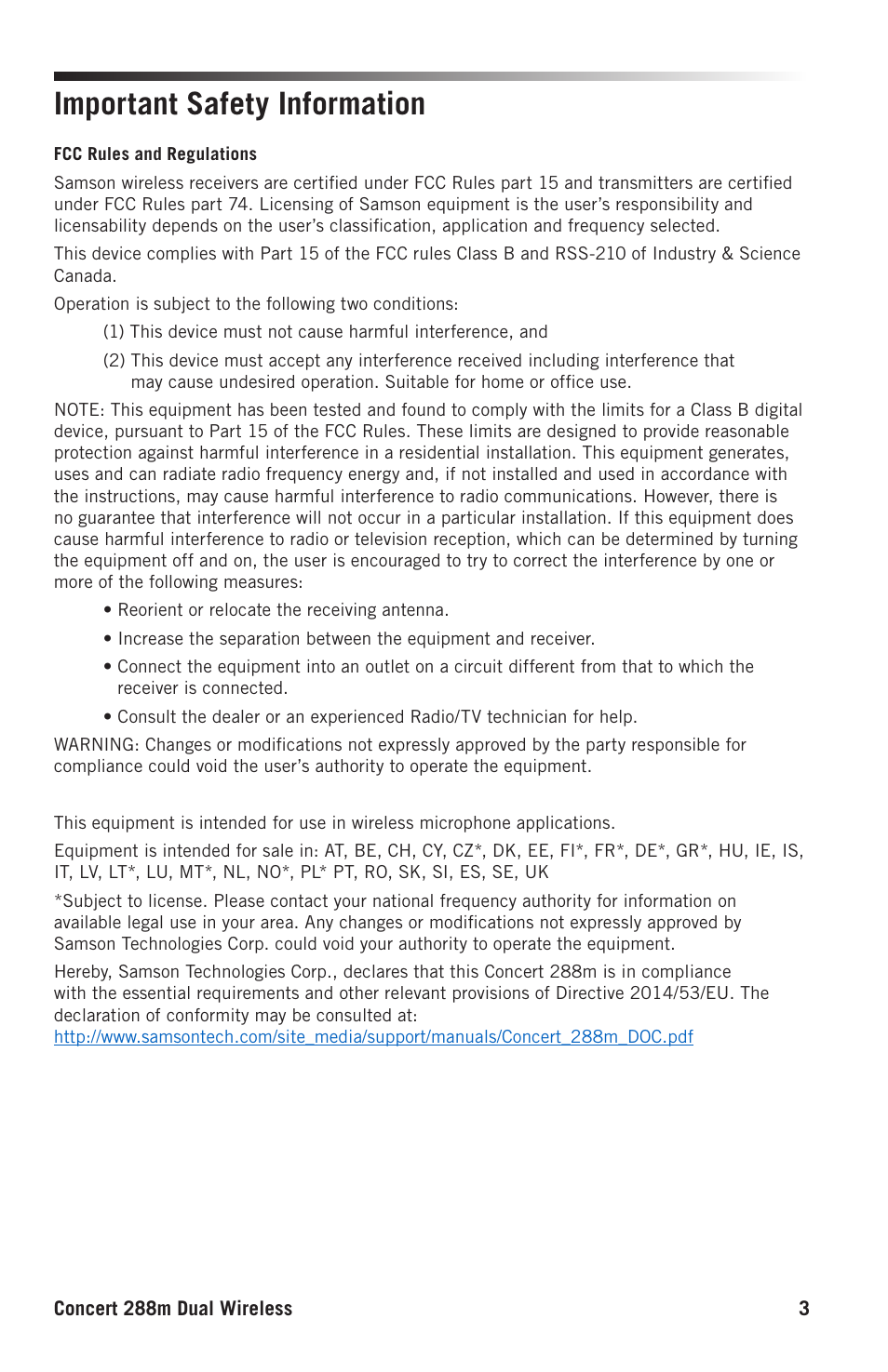 Important safety information | Samson Concert 288m Presentation Dual-Channel Wireless Lavalier & Headset Microphone System (D: 542 to 566 MHz) User Manual | Page 3 / 16