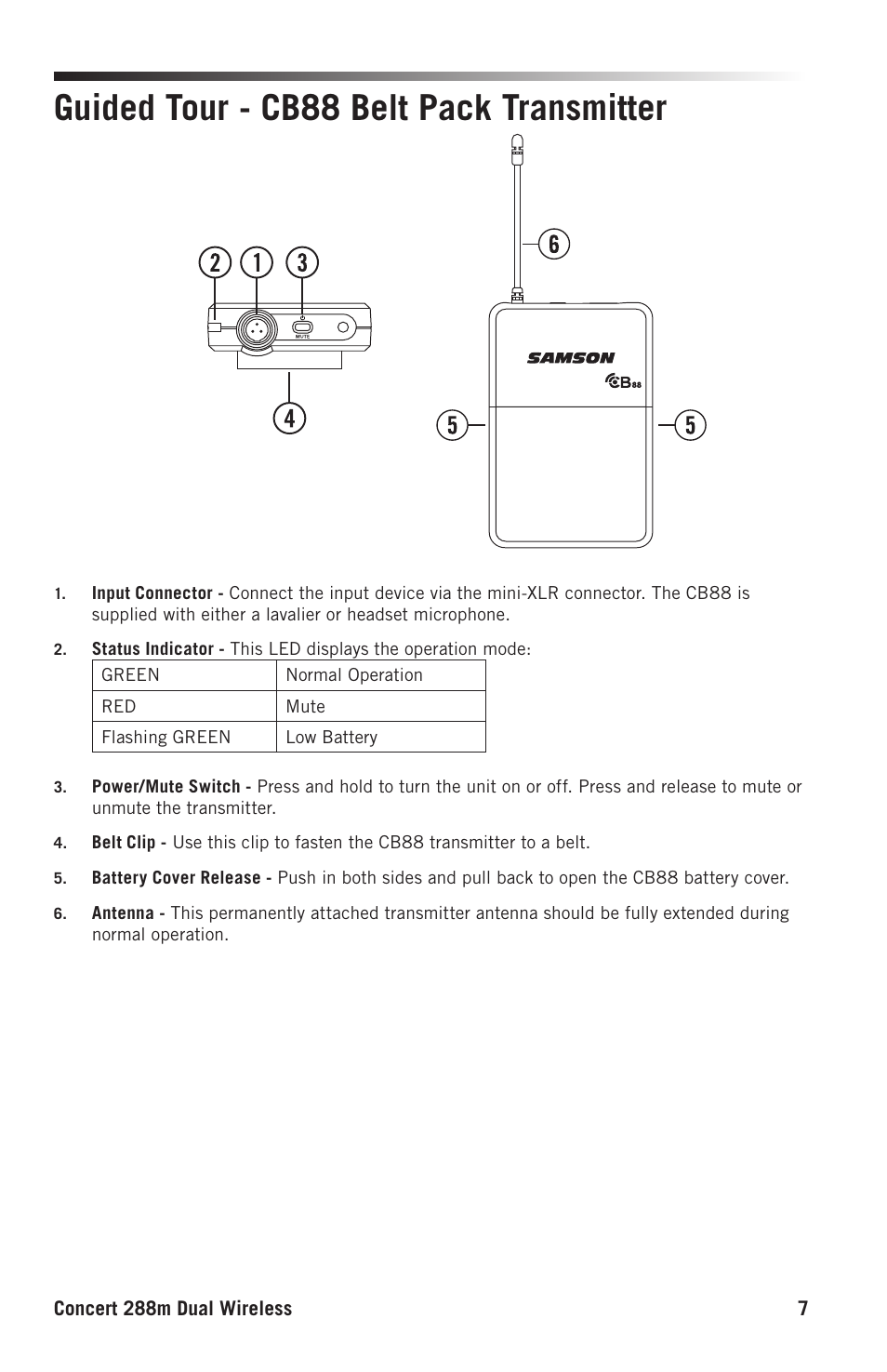 Guided tour - cb88 belt pack transmitter | Samson Concert 288m Presentation Dual-Channel Wireless Lavalier & Headset Microphone System (D: 542 to 566 MHz) User Manual | Page 7 / 16